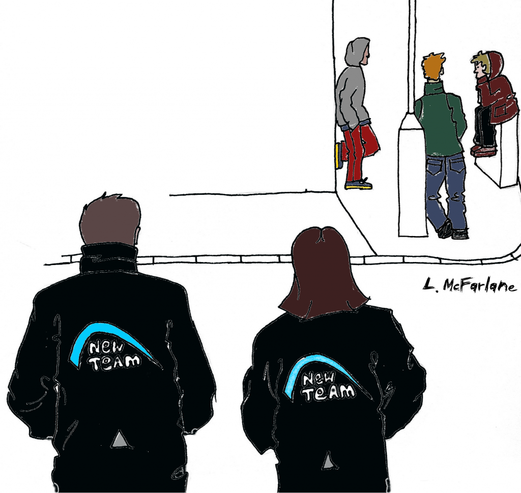 Line drawing of 3 young people hanging out on a street corner in Govan and New Team detached workers in crossing the street towards them.The workers are wearing jackets with the New Team logo on the back. Image by L.McFarlane.