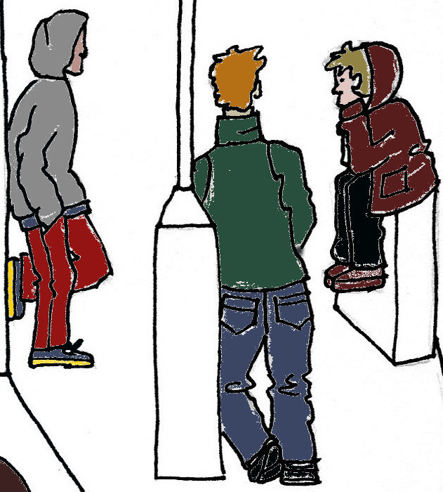 Drawing of young people hanging out on street corner. 